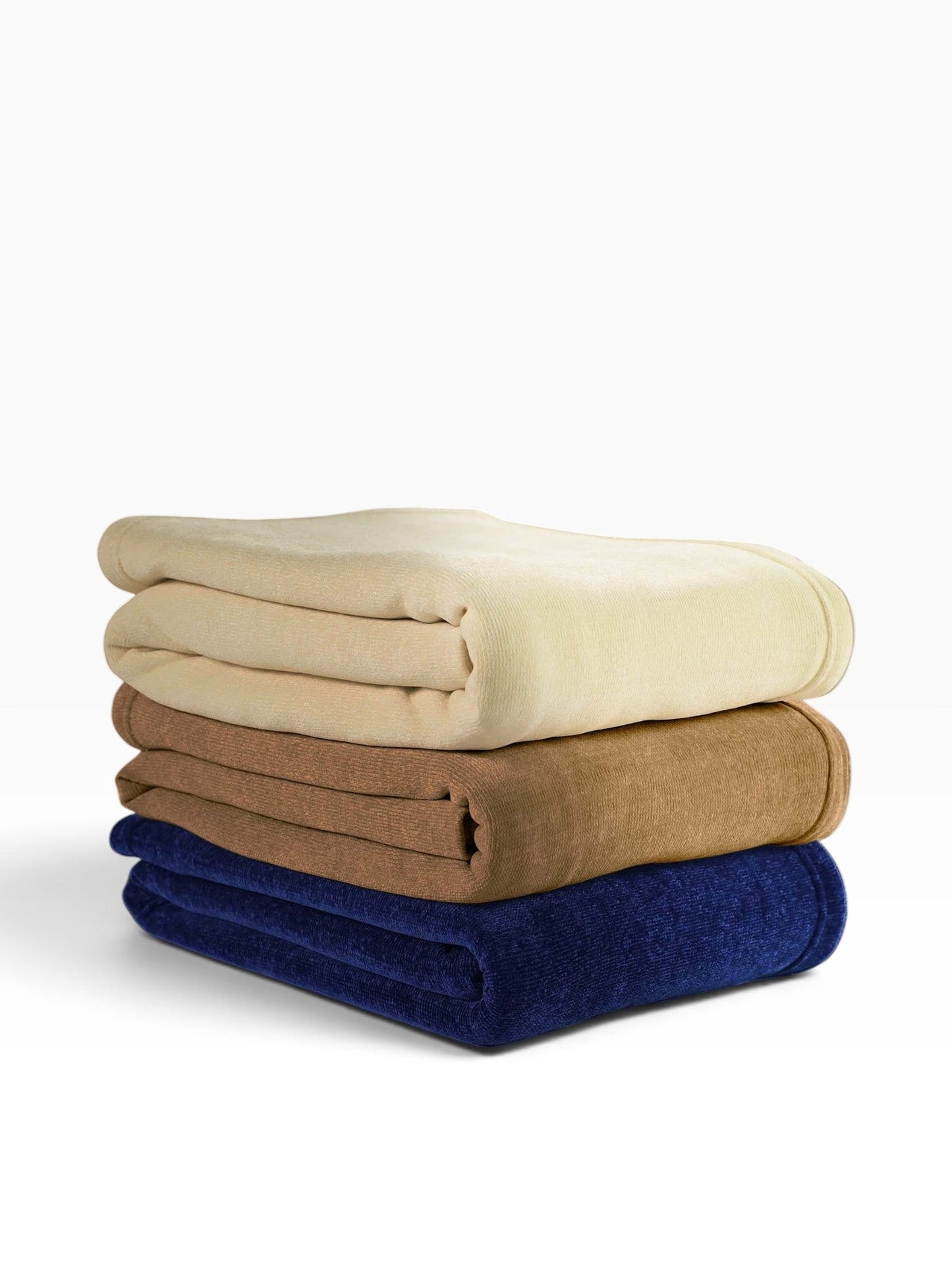 Valiant Products Vellux Renew polyester chenille blankets stacked in navy, tan, and ivory for hospitality use.