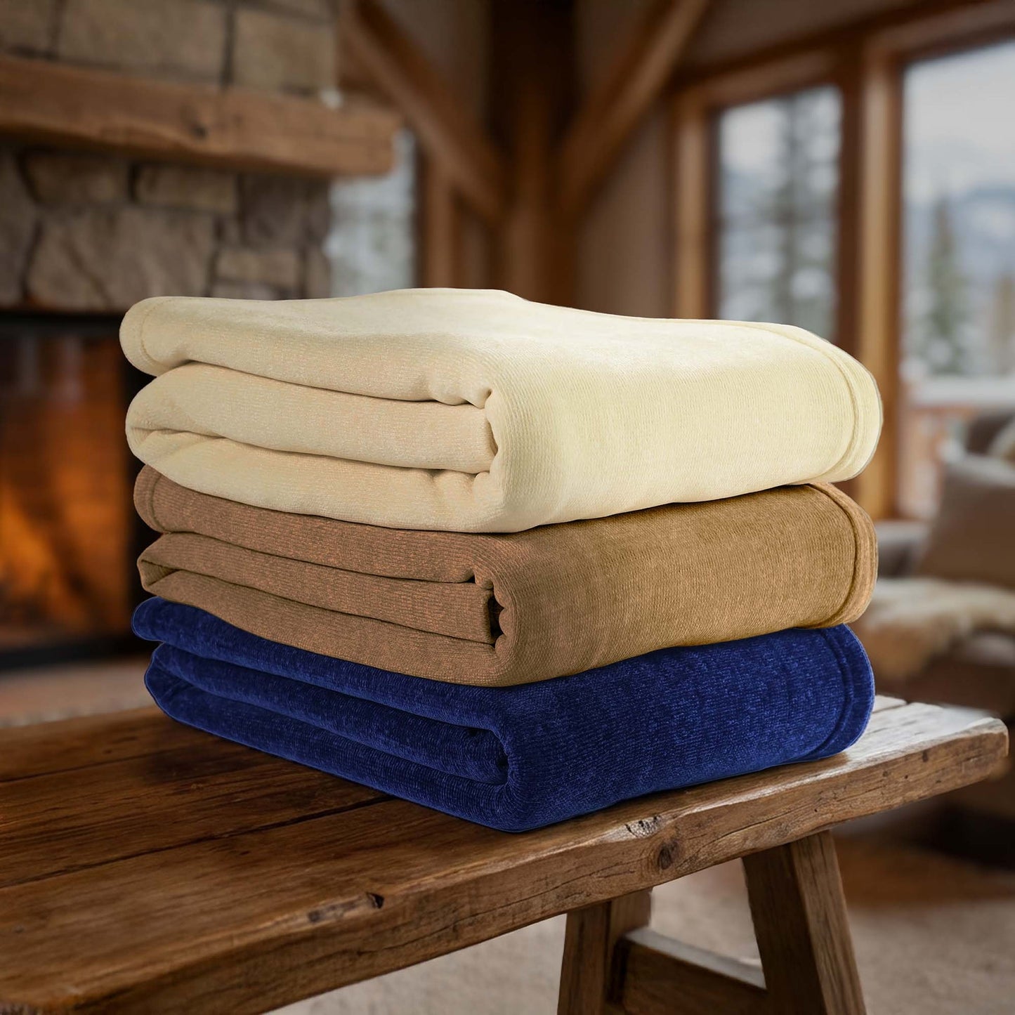 Valiant Products Vellux Renew polyester chenille blankets in ivory, tan, and navy stacked on a rustic wooden bench.