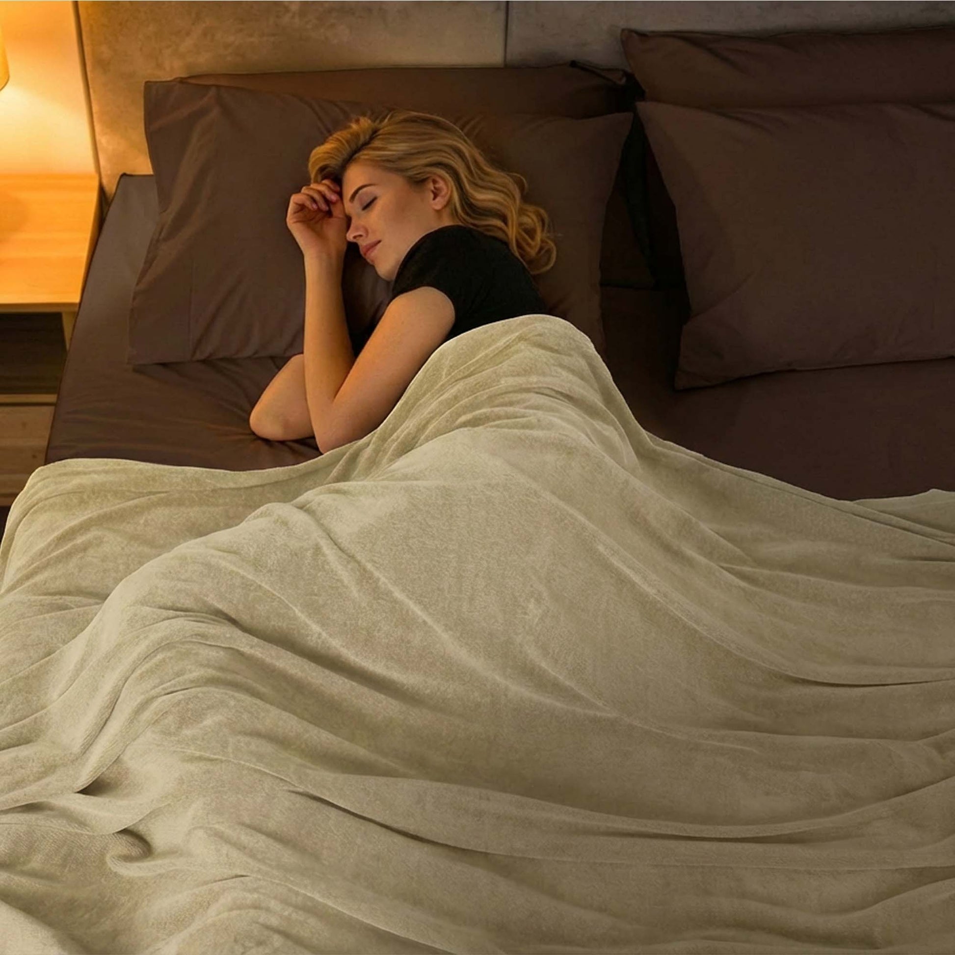 Valiant Products Vellux Renew polyester chenille blanket in tan, draped over a woman sleeping in a hotel bed.