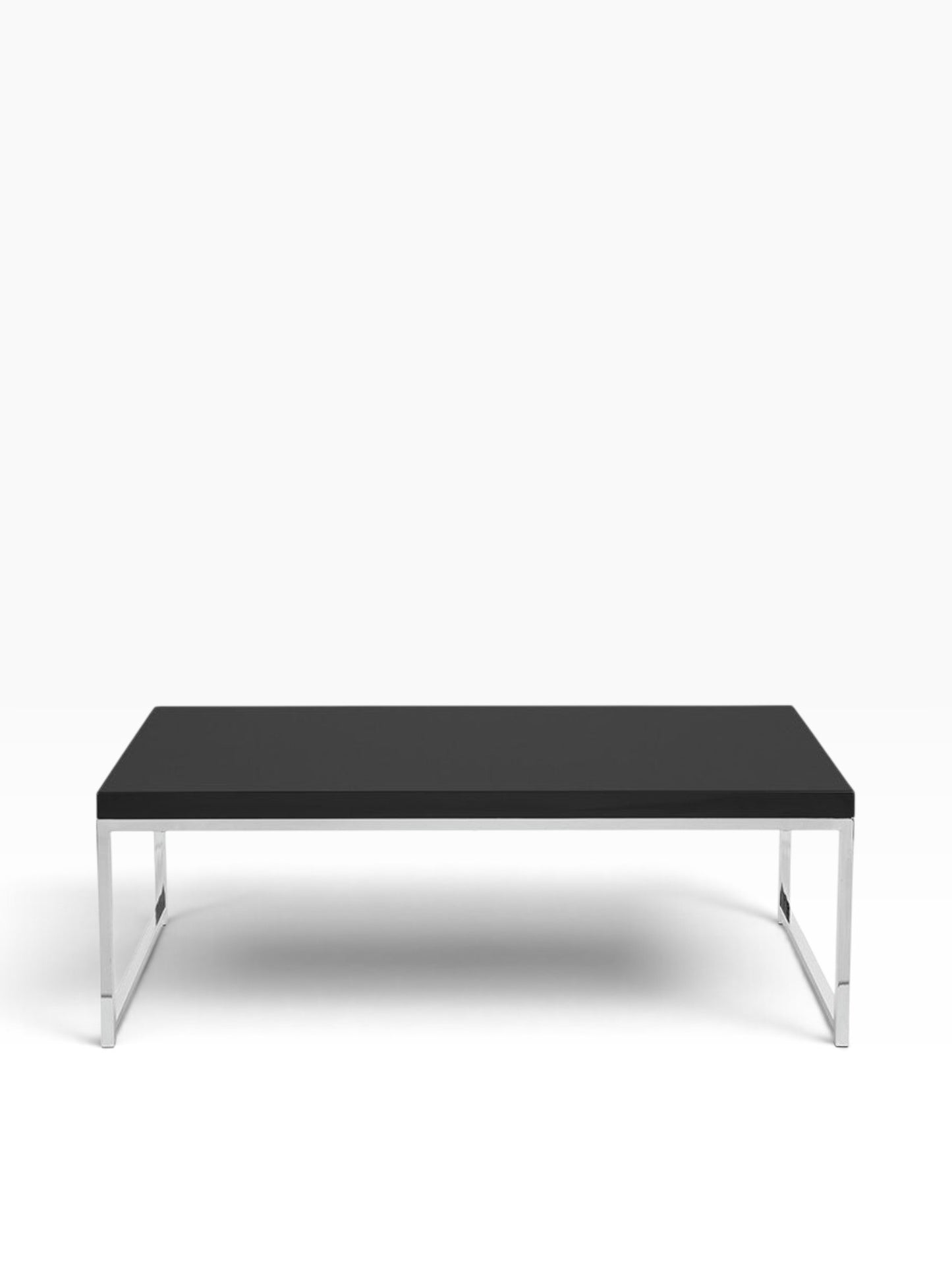 Valiant Products Walden coffee table with a black scratch-resistant laminate top and a modern chrome metal frame.