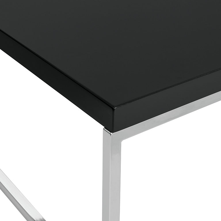 Valiant Products Walden end table featuring a sleek black scratch-resistant laminate top and a modern chrome frame.