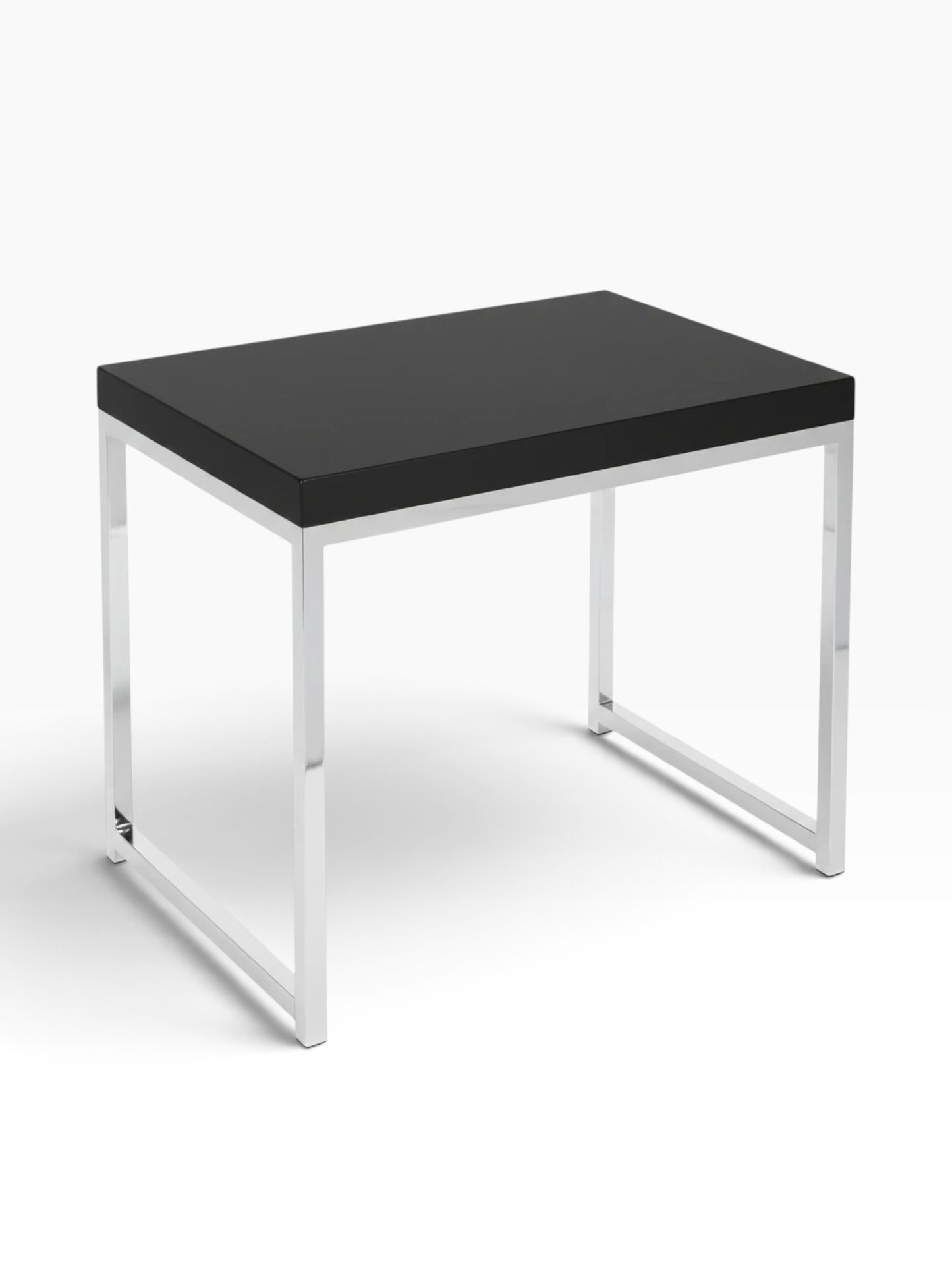 Valiant Products Walden end table featuring a sleek black laminate top and a modern polished chrome metal frame.