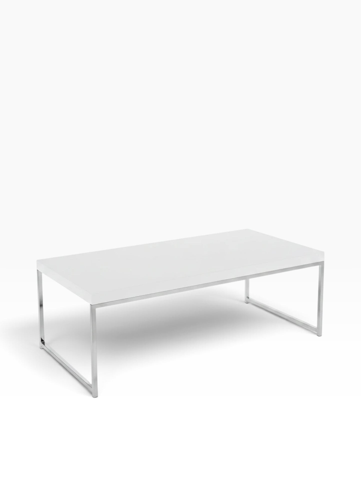 Valiant Products Walden coffee table with a white rectangular laminate top and a modern chrome metal frame.