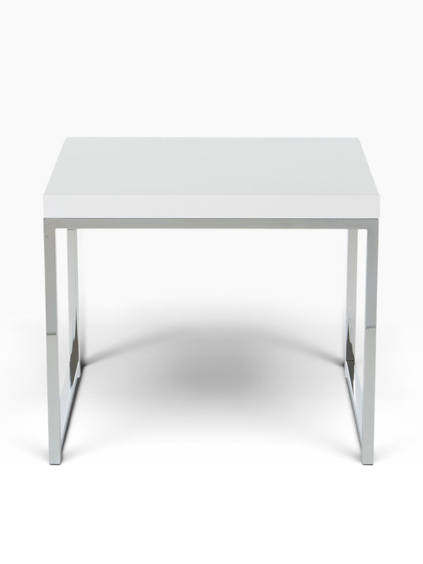 Valiant Products Walden end table featuring a white scratch-resistant laminate top and a modern chrome metal frame.
