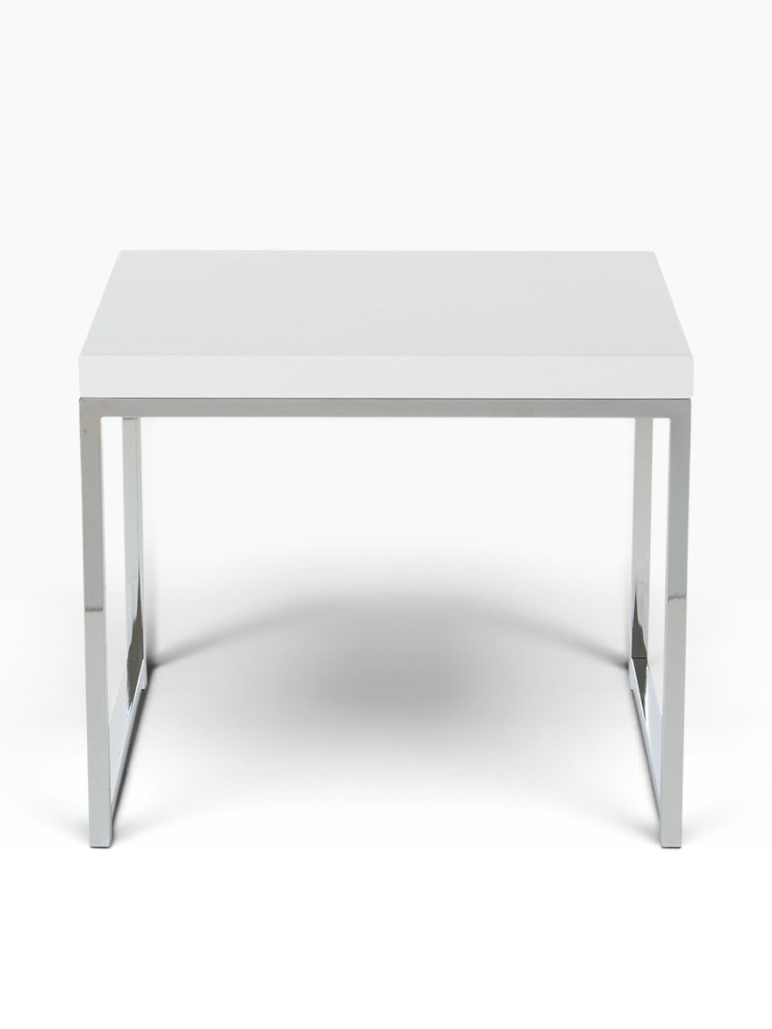 Valiant Products Walden end table featuring a white scratch-resistant laminate top and a modern chrome metal frame.