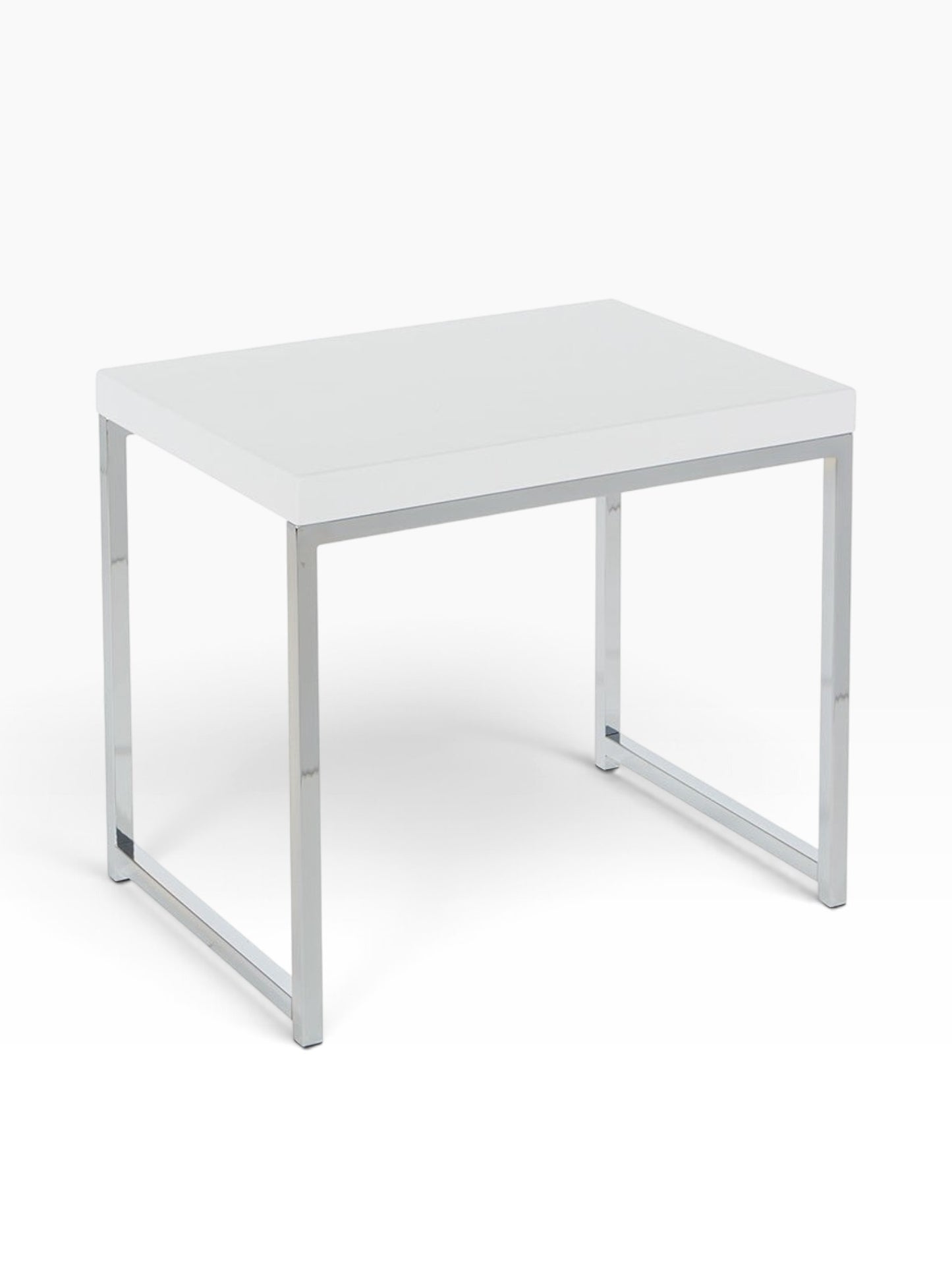 Valiant Products Walden end table featuring a white scratch-resistant laminate top and a modern chrome metal frame.