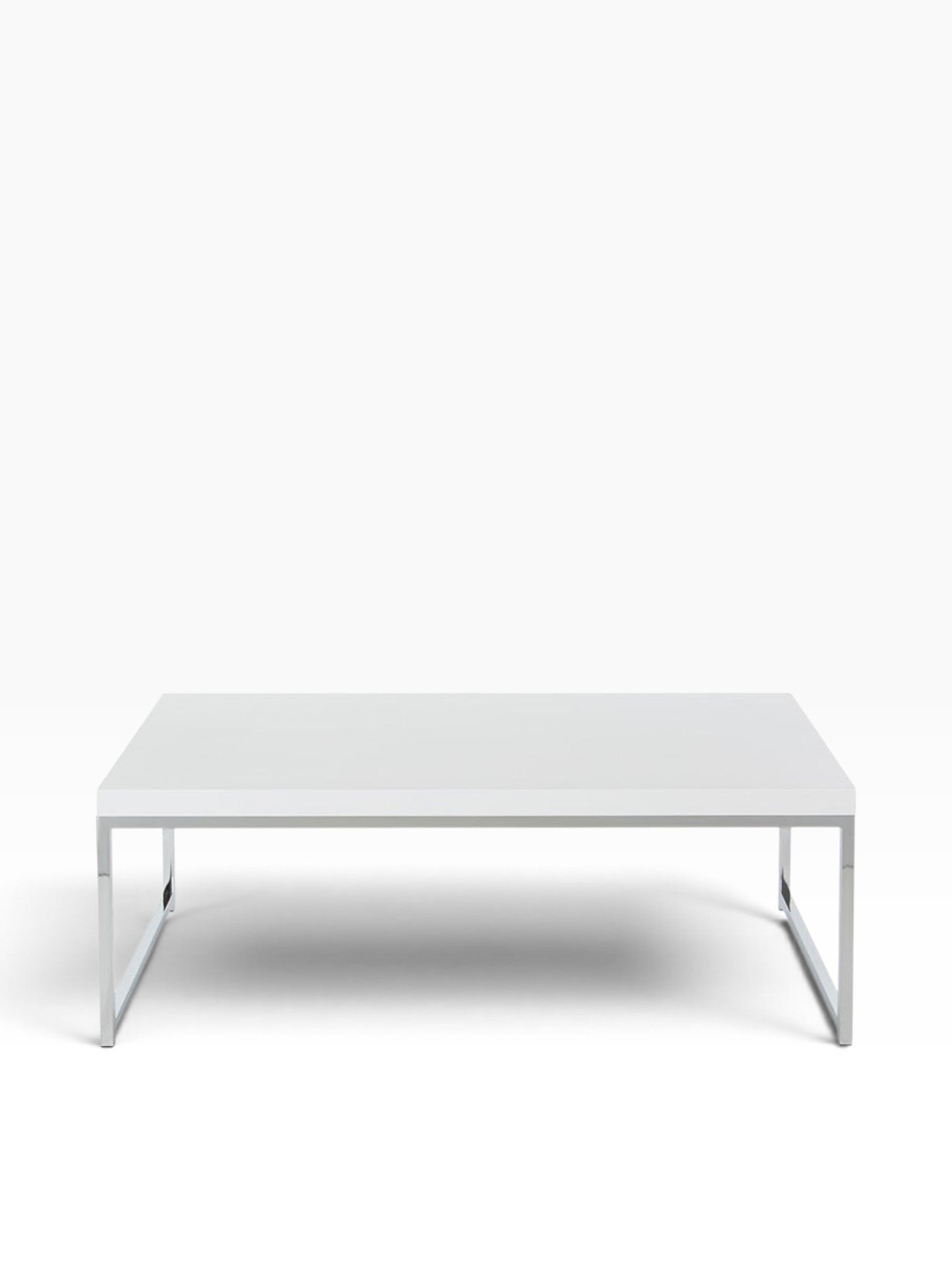 Valiant Products Walden coffee table with a white scratch-resistant laminate top and a modern chrome metal frame.