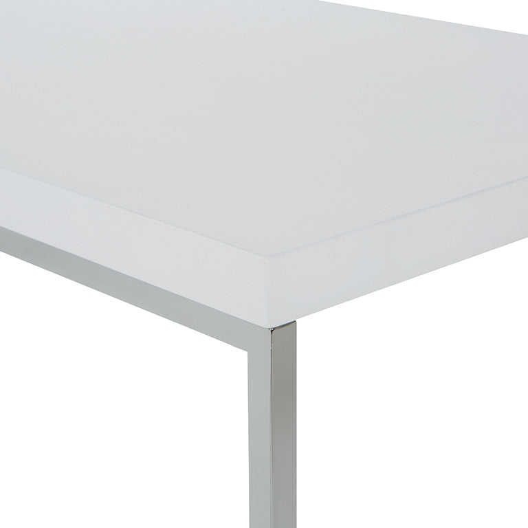 Valiant Products Walden coffee table featuring a white scratch-resistant laminate top and a modern chrome frame.