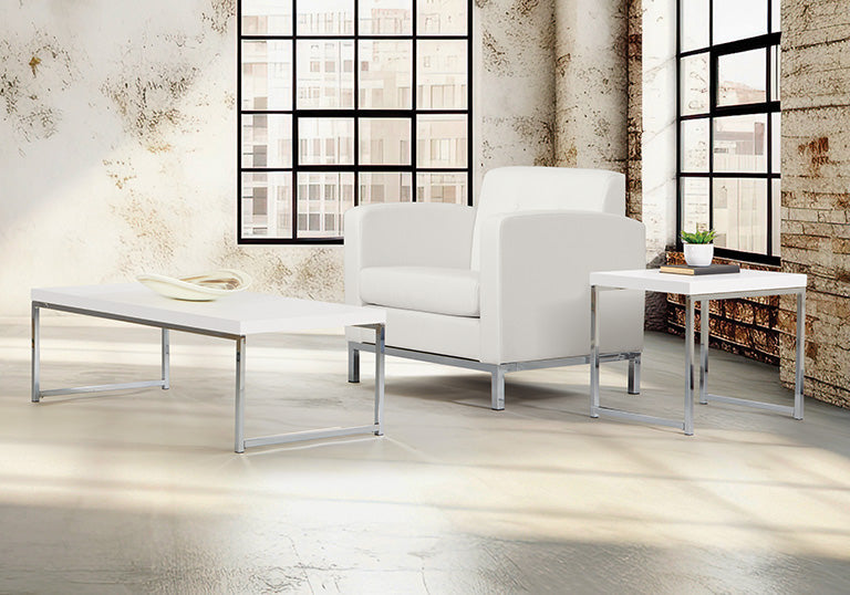 Valiant Products Walden white end table with chrome frame in a modern living room setting