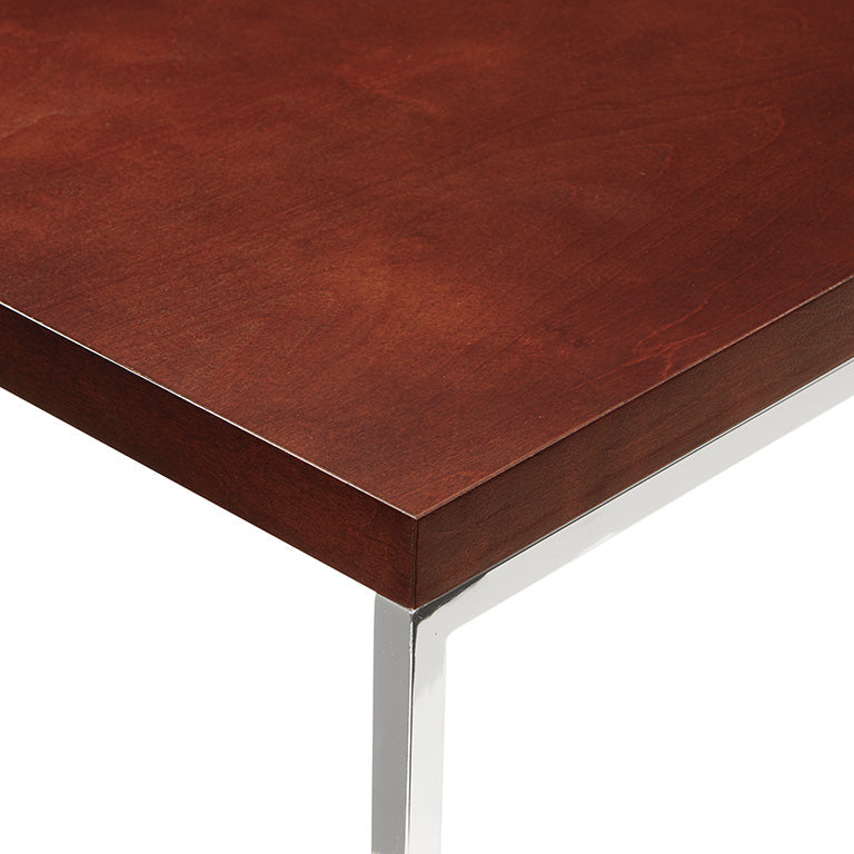 Valiant Products Walden end table featuring a woodgrain laminate surface and a modern chrome metal frame.