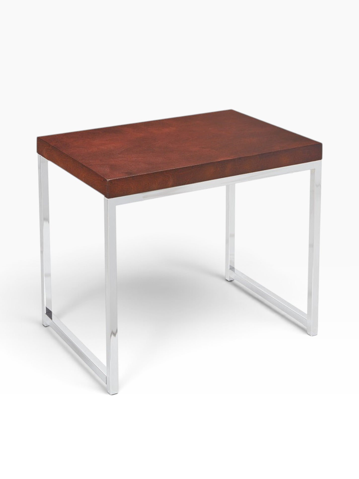 Valiant Products Walden end table with a woodgrain laminate top and a modern chrome frame on a white background