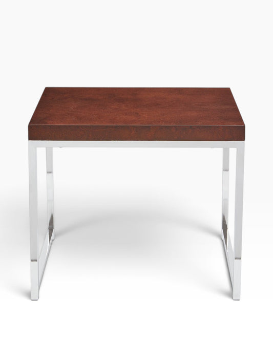 Valiant Products Walden end table with a woodgrain laminate top and a modern heavy-duty chrome frame.
