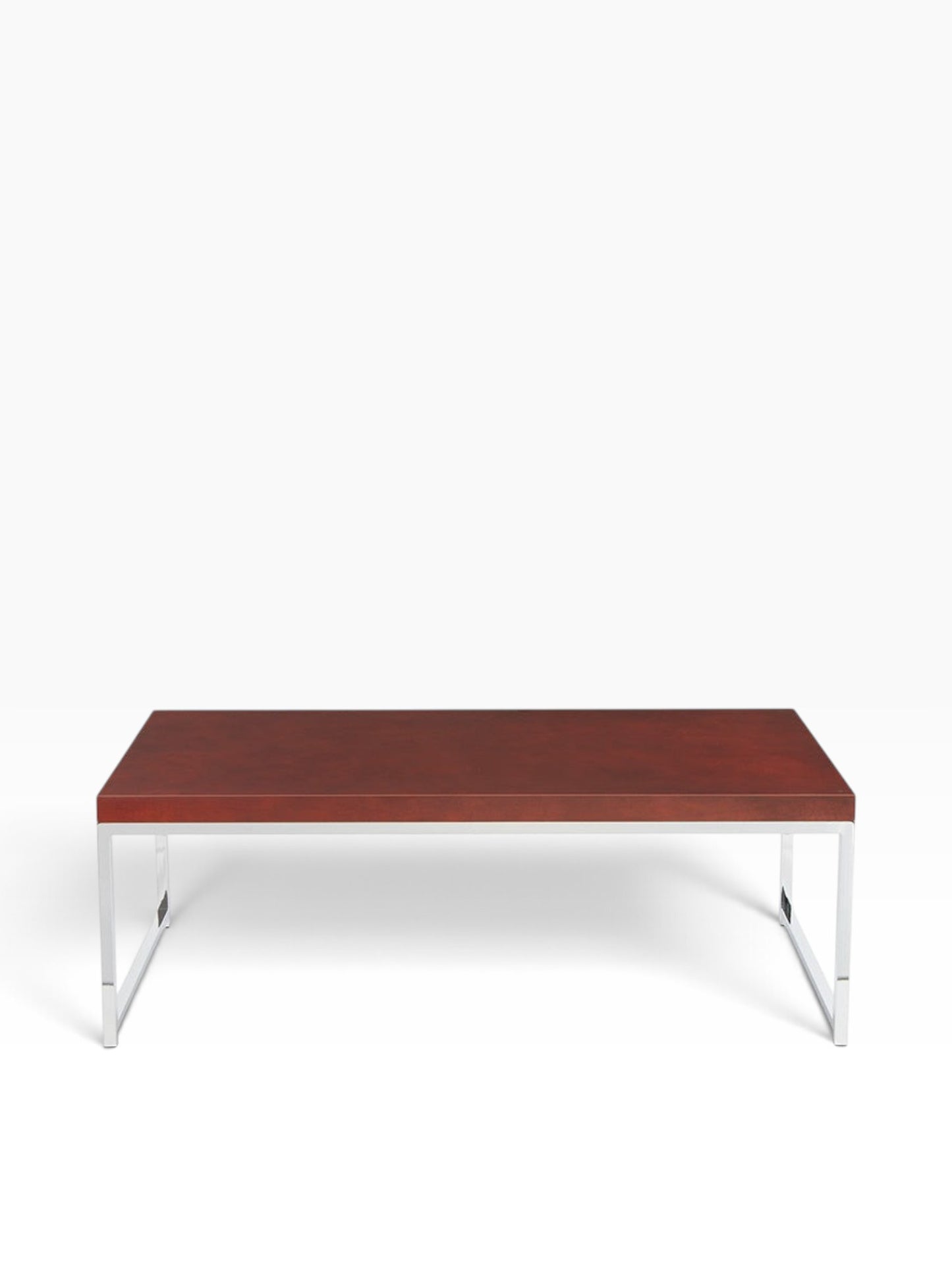 Valiant Products Walden coffee table with a woodgrain laminate surface and a modern chrome metal frame.
