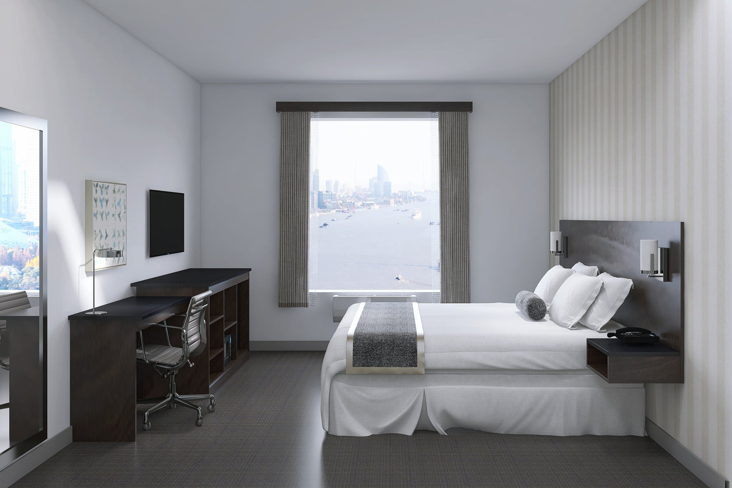 Valiant Products wall mounted nightstand in a modern hotel guestroom with a dark wood finish and minimalist design.