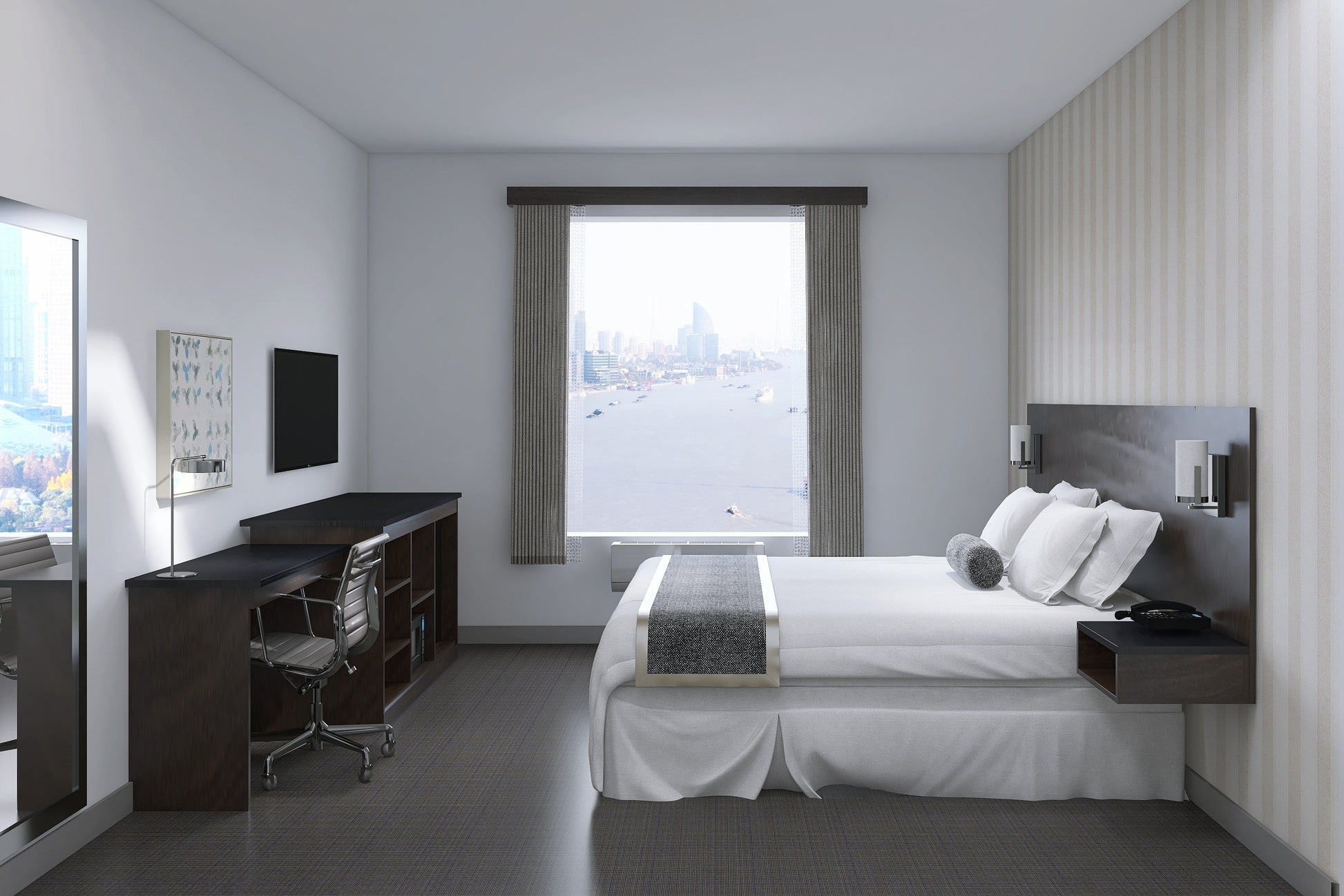 Valiant Products wall mounted nightstand in a modern hotel guestroom with a dark wood finish and minimalist design.