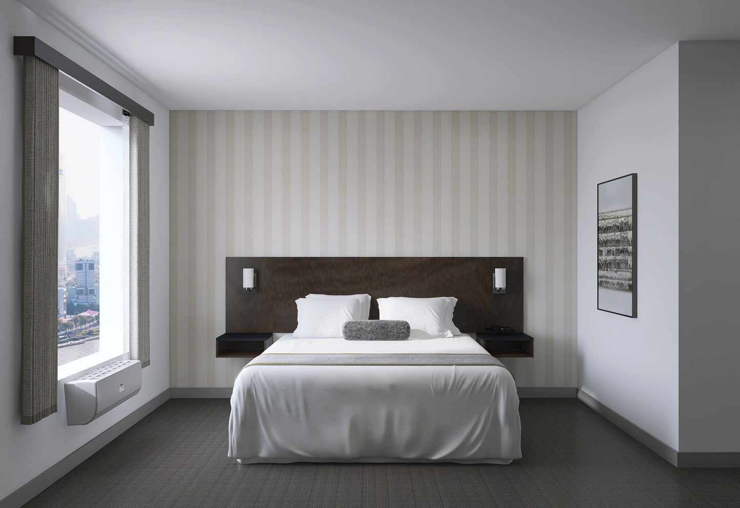 Valiant Products wall mounted nightstand in a modern hotel bedroom with a dark wood headboard and white bedding