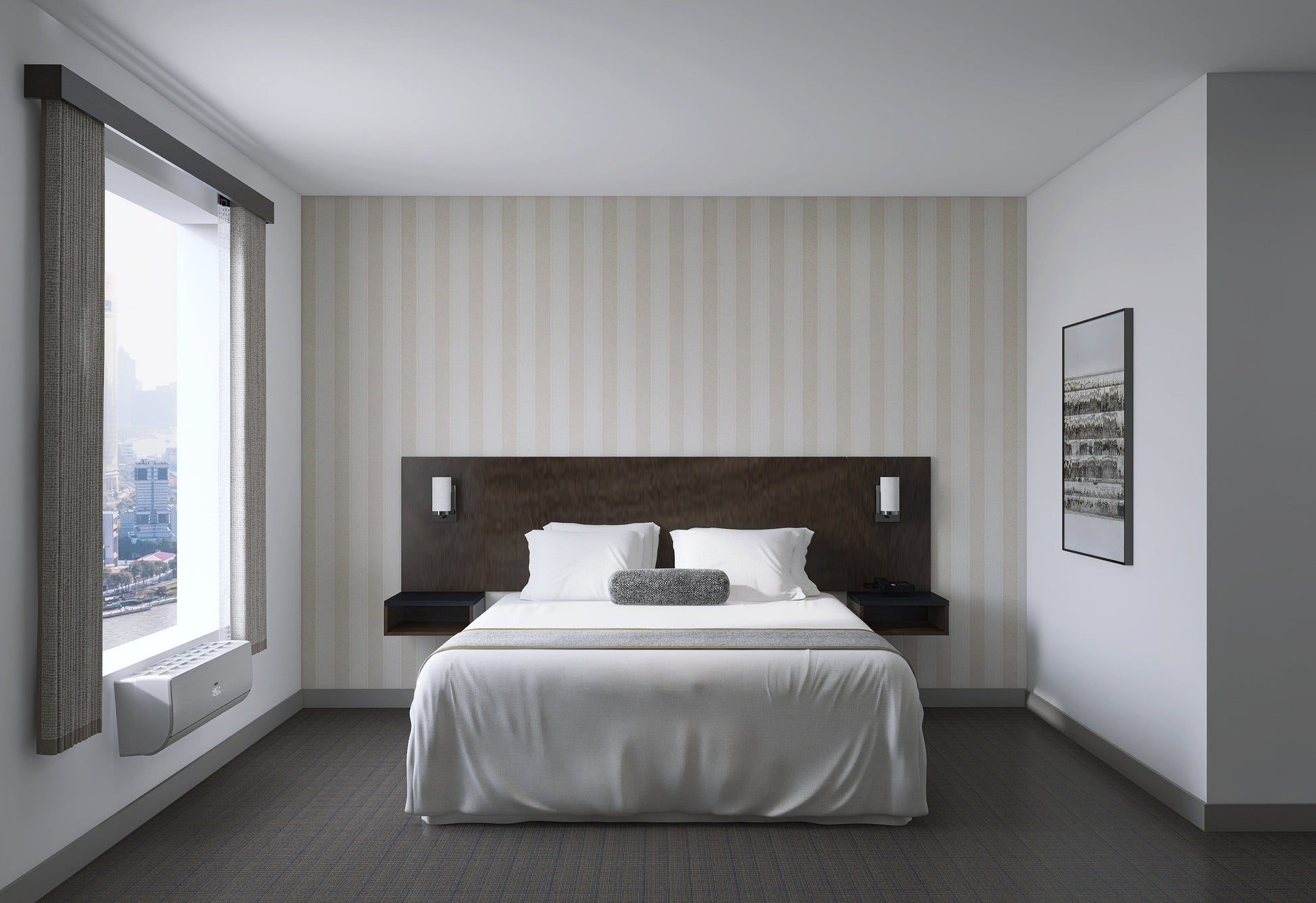 Valiant Products wall mounted nightstand in a modern hotel bedroom with a dark wood headboard and white bedding