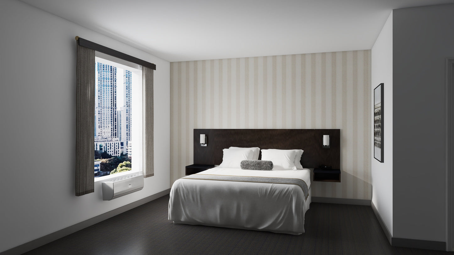 Valiant Products wall mounted nightstand in a modern guestroom with a dark wood headboard and striped wallpaper