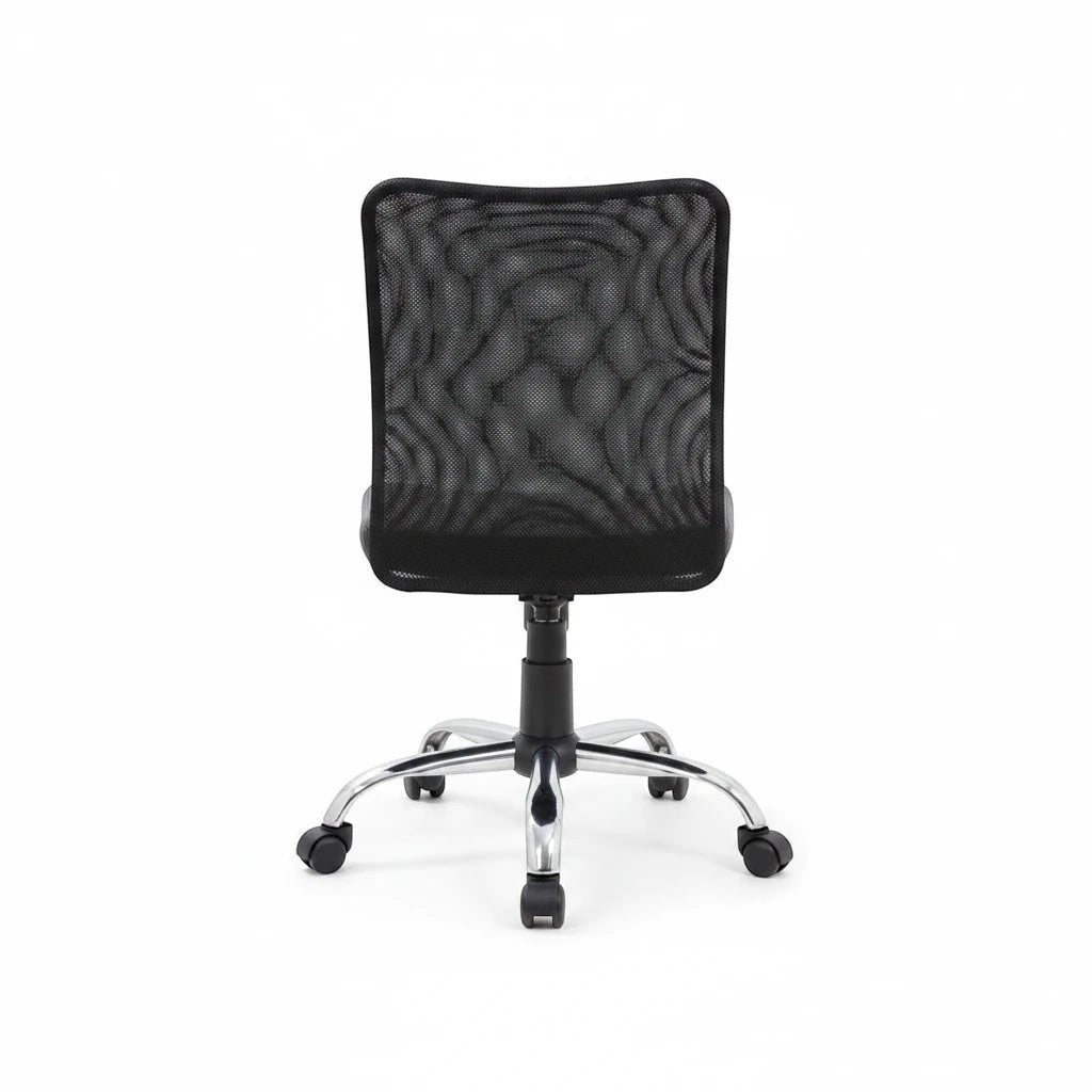 Valiant Products Walter armless ergonomic office chair with black mesh back and chrome base, rear view