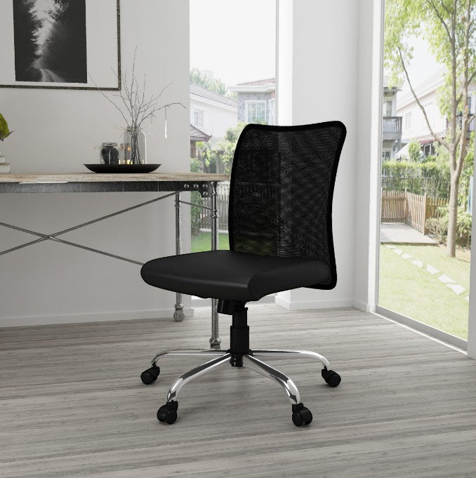 Valiant Products Walter armless ergonomic office chair with black mesh back, vinyl seat, and chrome base in a room.