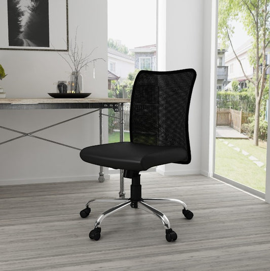 Valiant Products Walter armless ergonomic office chair with black mesh back, vinyl seat, and chrome base in a room.