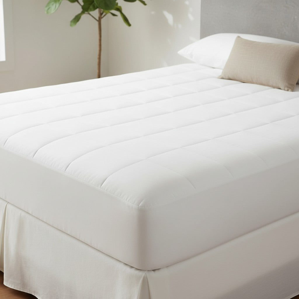 Valiant Products Silent Choice Plus white quilted waterproof mattress pad on a bed with a smooth flex skirt