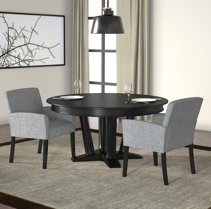 Valiant Products Wexler guest accent chairs in medium grey linen with black wood legs set around a round dining table