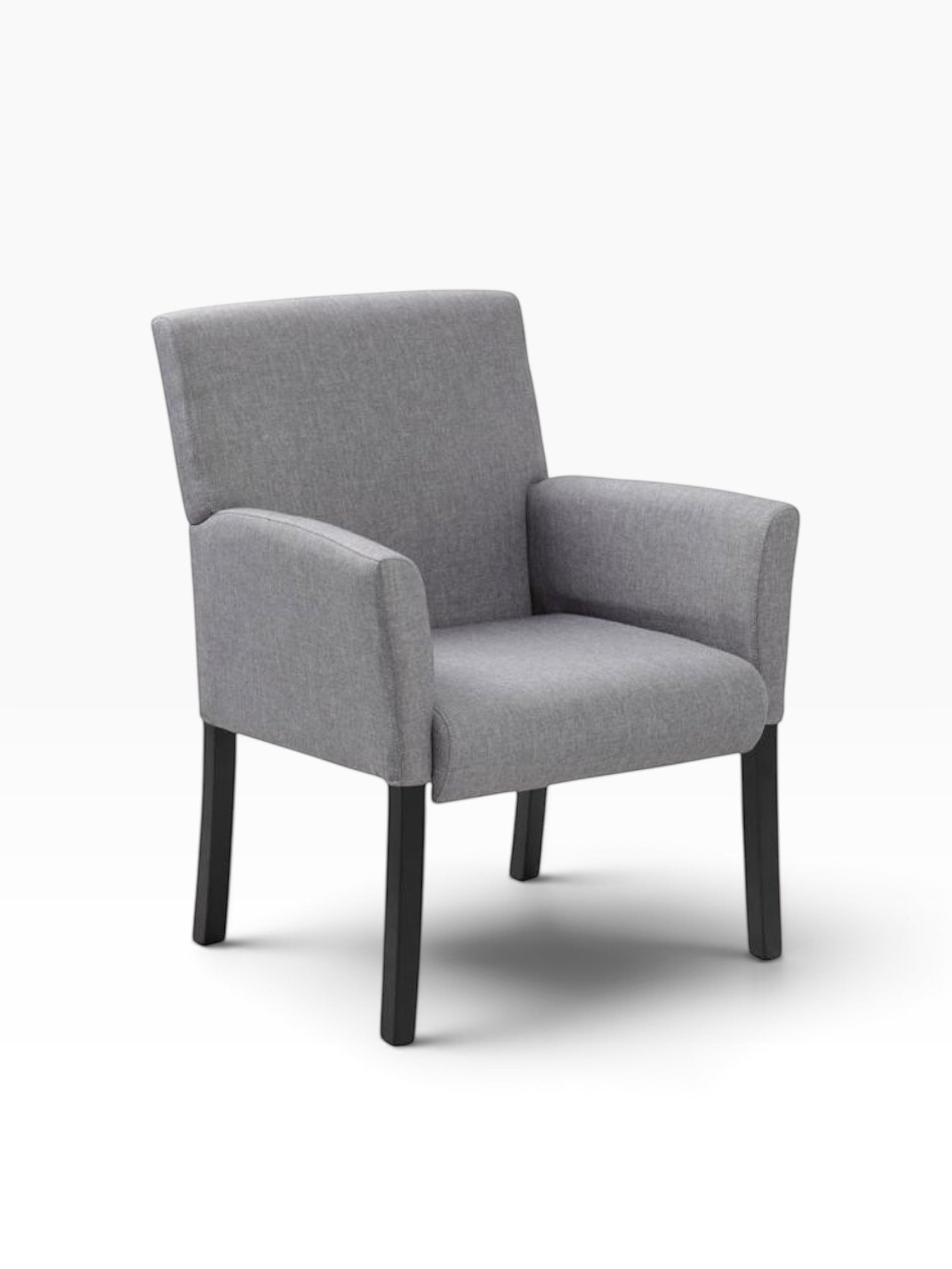 Valiant Products Wexler guest chair in medium grey linen with box arms and sturdy black wood legs.