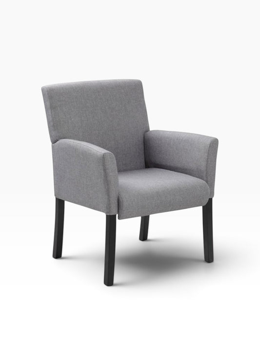 Valiant Products Wexler guest chair in medium grey linen with box arms and sturdy black wood legs.