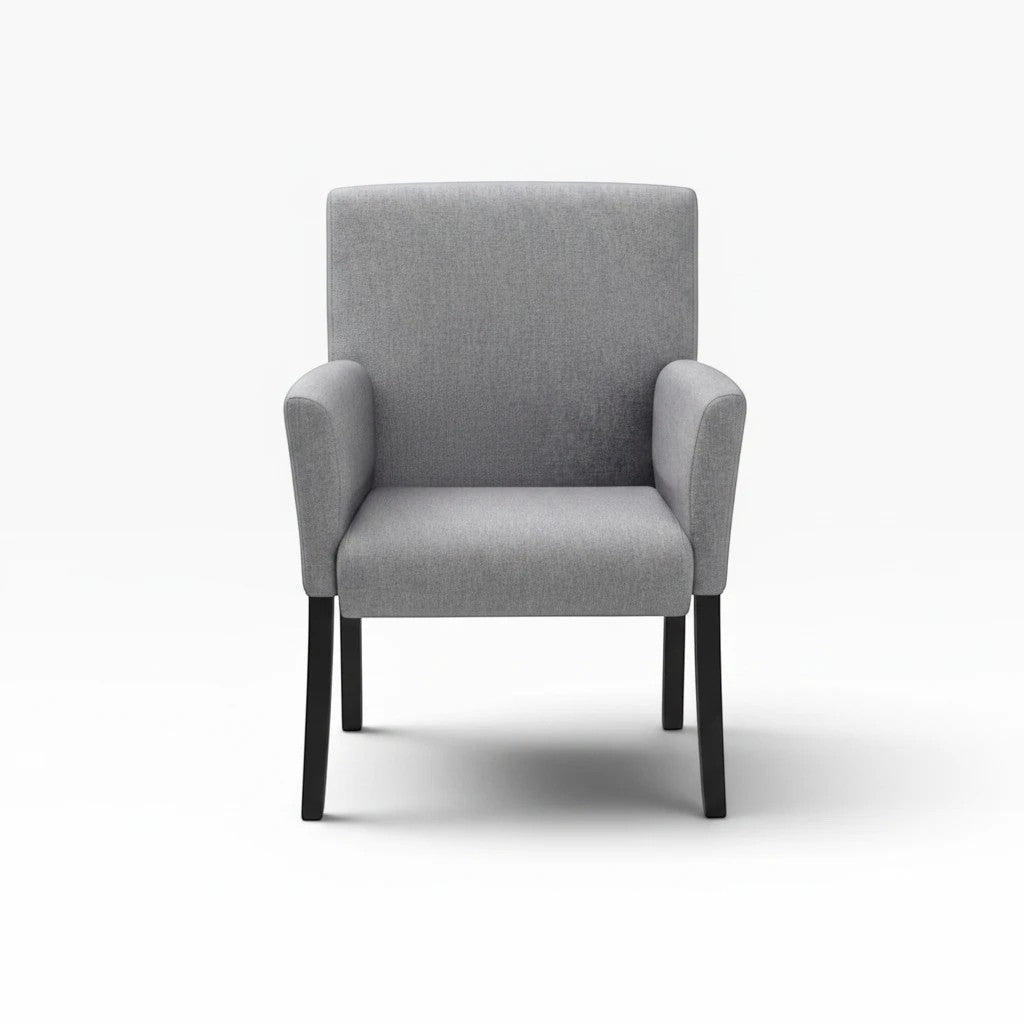 Valiant Products Wexler guest chair in medium grey linen with box arms and black wooden legs, front view.