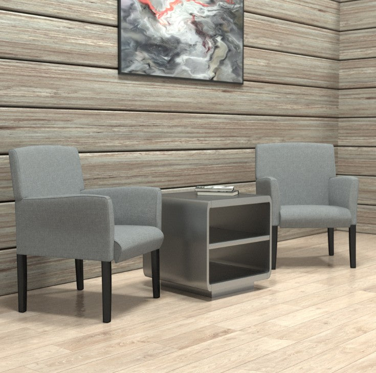 Two Valiant Products Wexler grey linen guest chairs with black wood legs arranged in a modern office waiting area.
