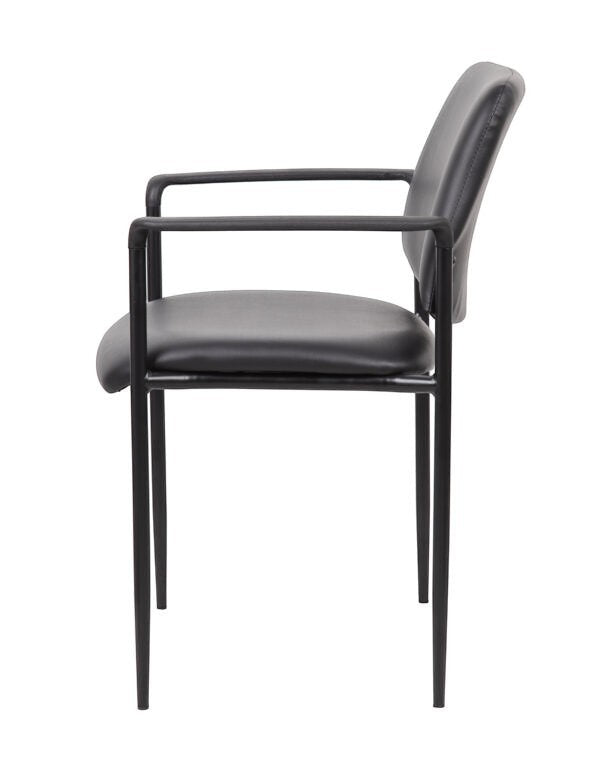 Valiant Products Whitaker black vinyl stacking chair with fixed arms and a sturdy tubular steel frame, side view.