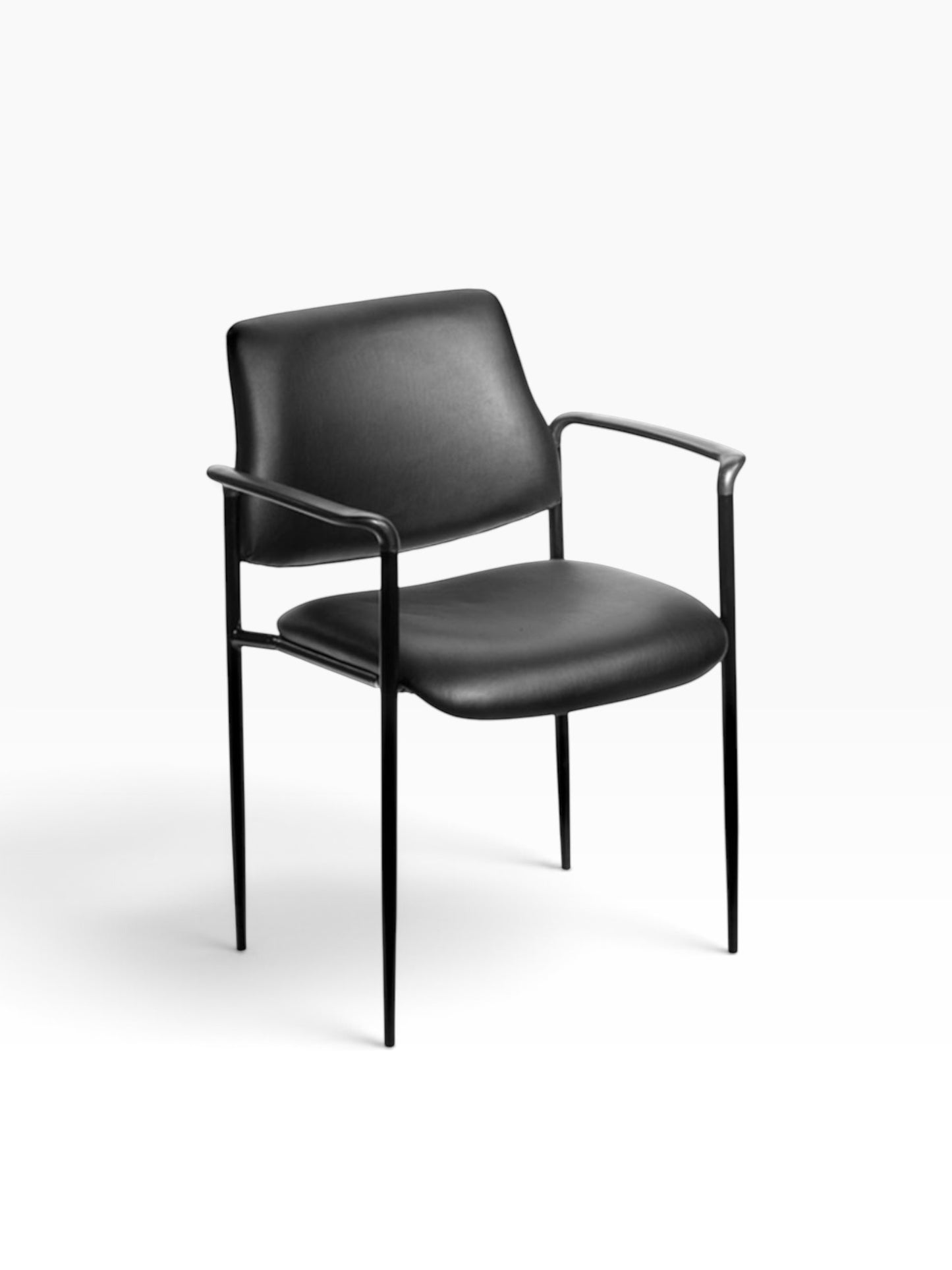 Valiant Products Whitaker black vinyl stacking chair with fixed arms and a sturdy black steel tubular frame.