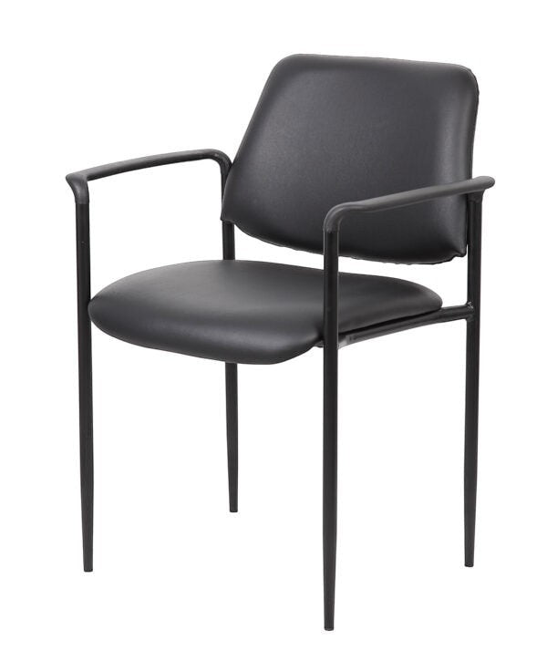 Valiant Products Whitaker black vinyl stacking chair with fixed arms and a sturdy tubular steel frame.
