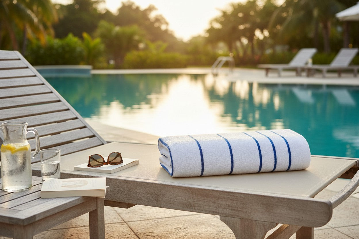 Valiant Products white pool towel with blue horizontal dobby stripes resting on a wooden lounge chair by a pool.