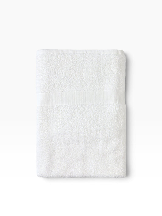 Valiant Products white Unity CAM border bath towel made from durable cotton-polyester blend with classic terry weave.