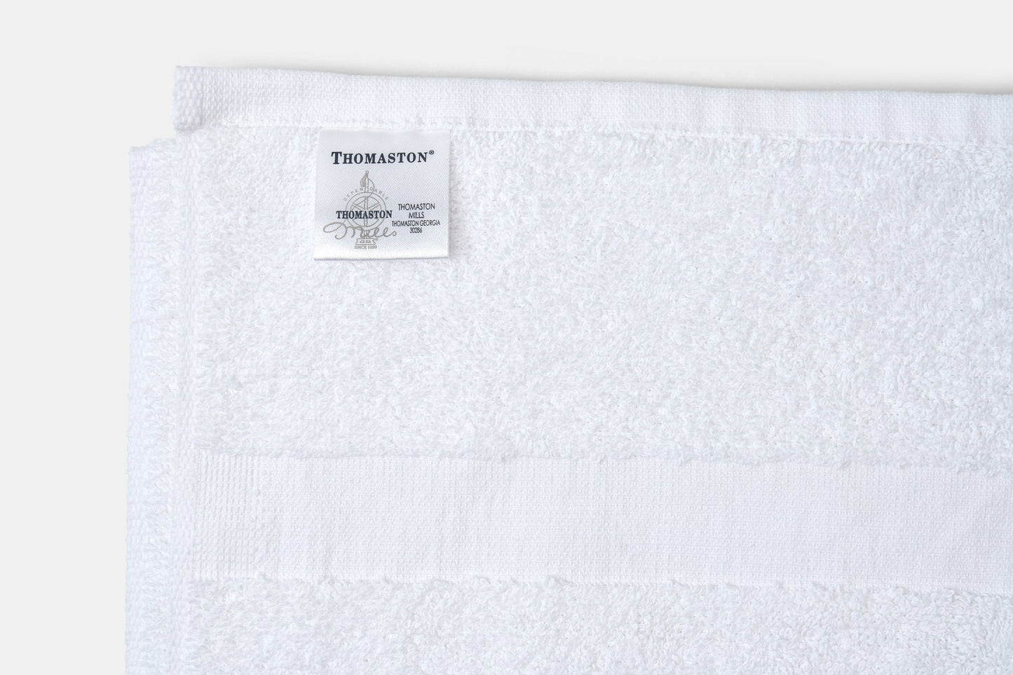Valiant Products white cotton terry wash cloth with a classic CAM border and Thomaston Mills label
