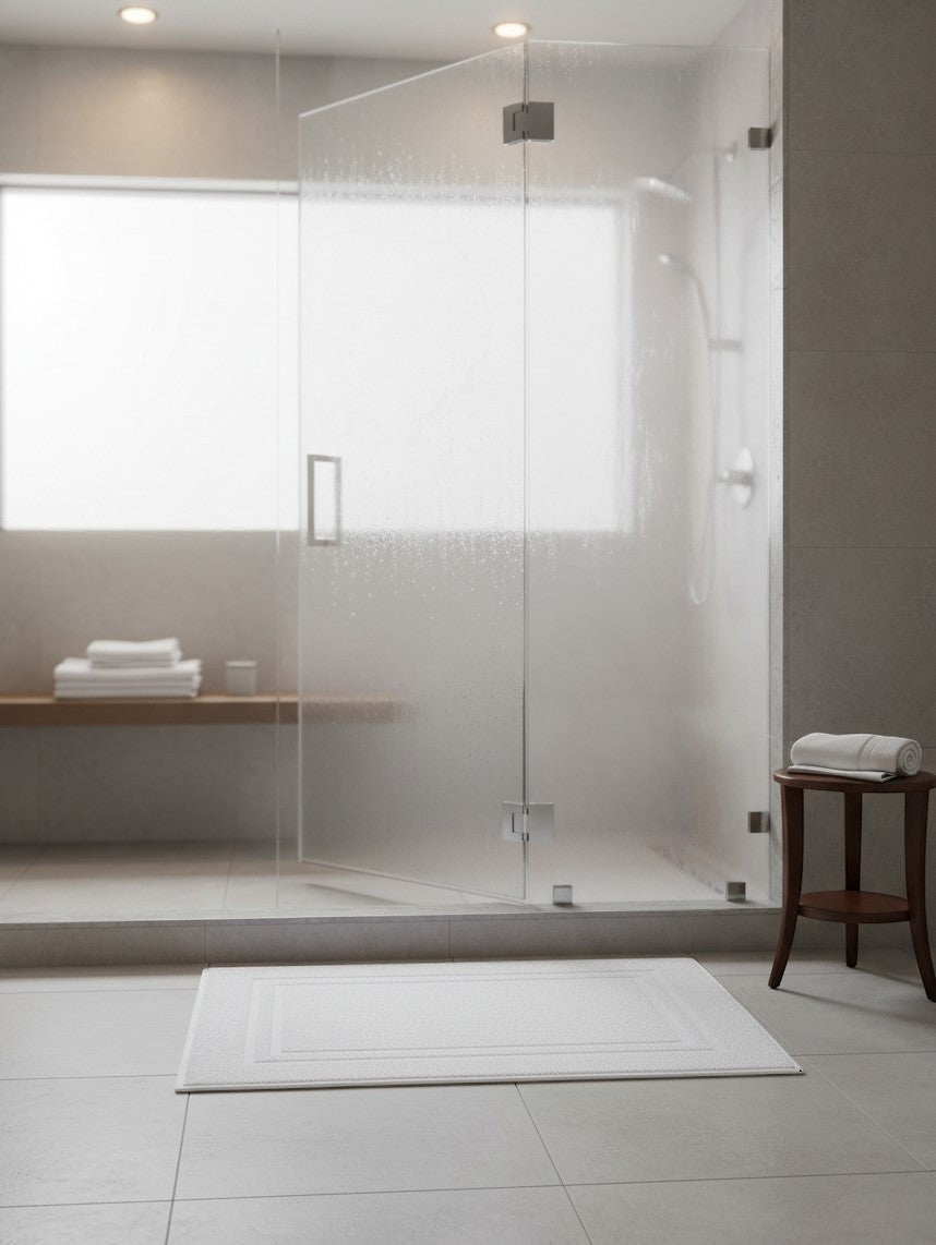 Valiant Products white Sovereign dobby border bath mat placed on a modern bathroom floor in front of a glass shower.
