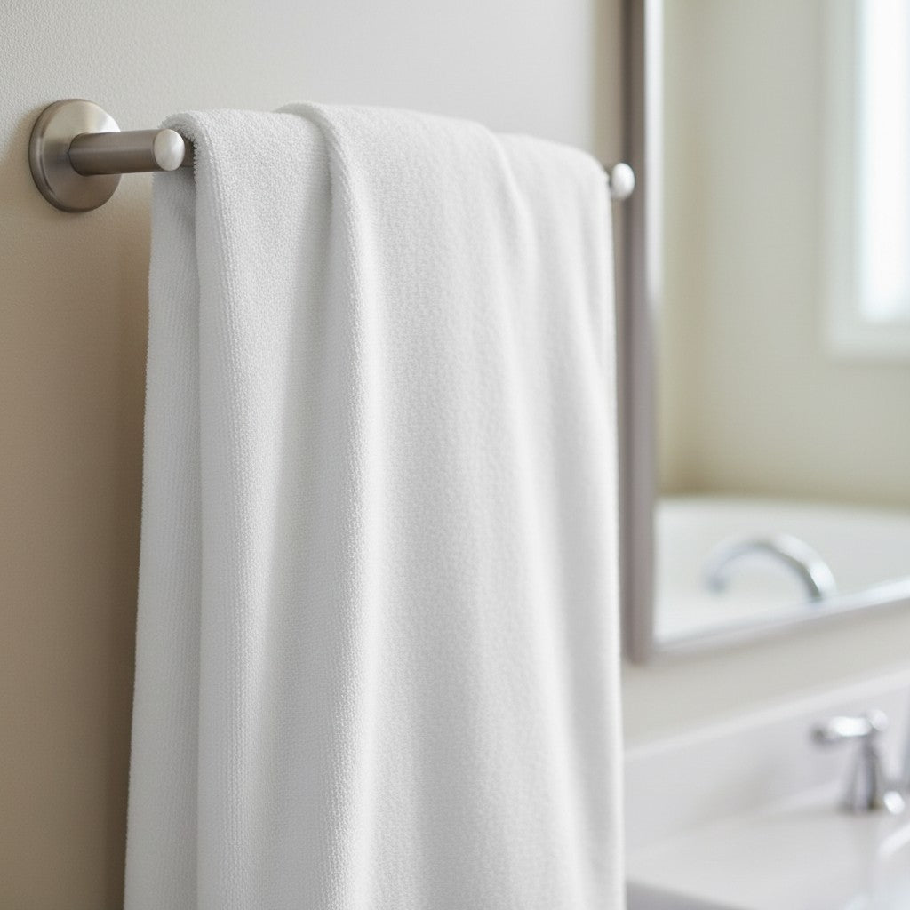Valiant Products white Simplicity bath towel with dobby border hanging on a modern bathroom towel bar