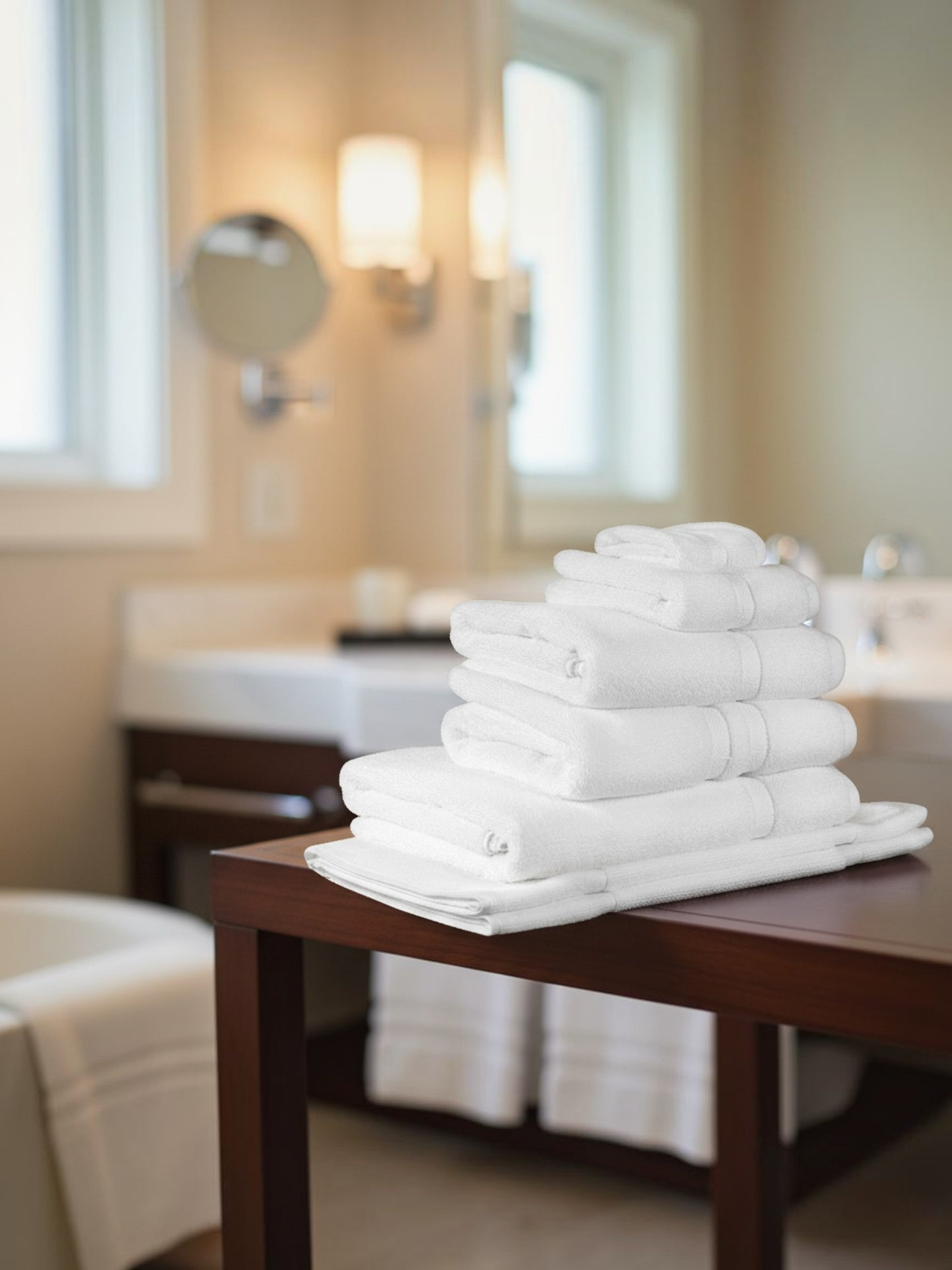 Valiant Products white Simplicity dobby border bath towels stacked neatly on a wooden table in a bathroom setting.