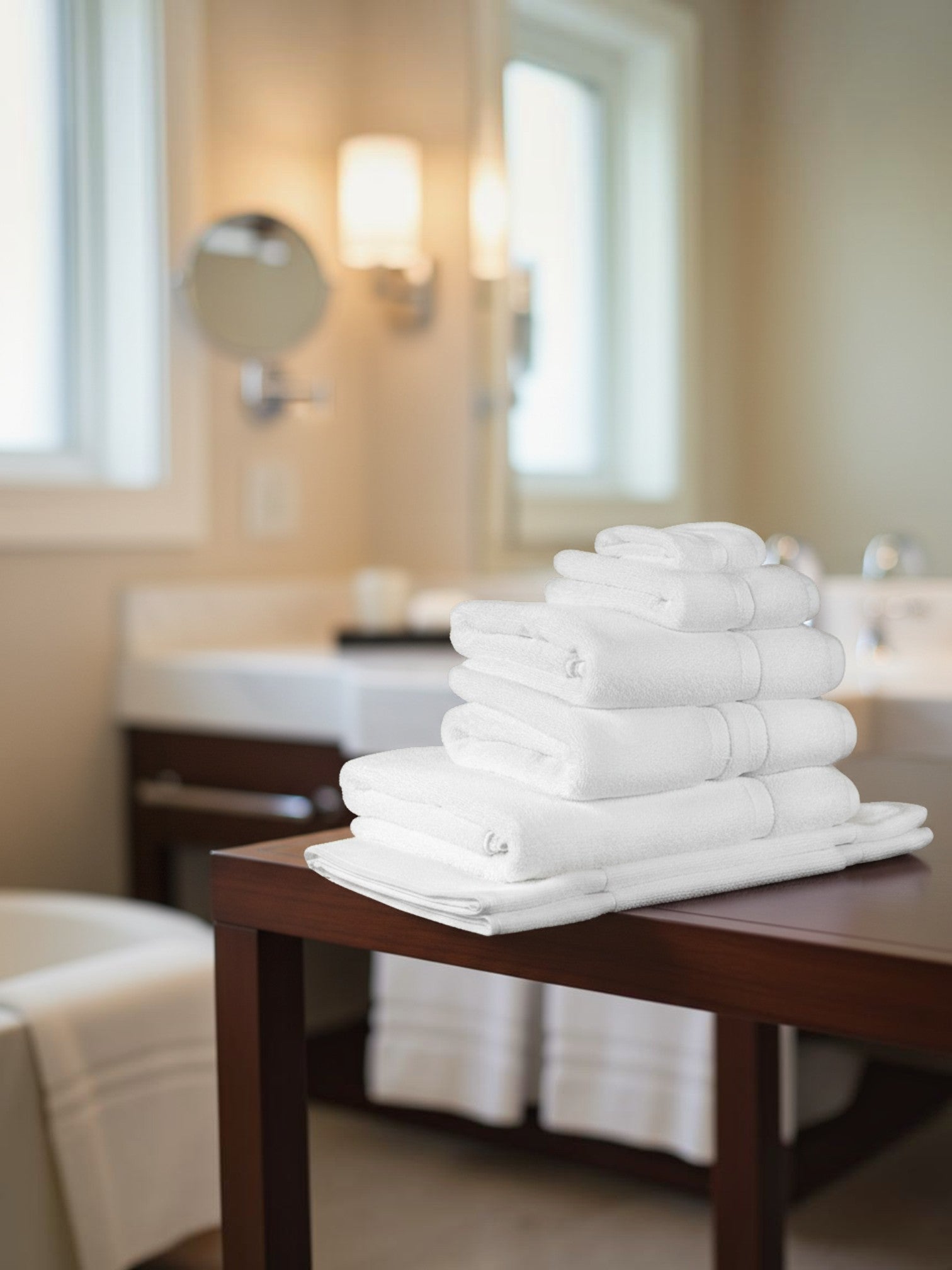 Valiant Products white Simplicity dobby border bath towels stacked neatly on a wooden table in a bathroom setting.