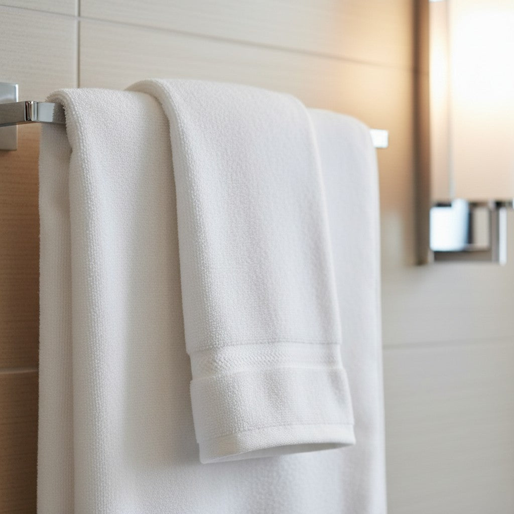 Valiant Products white Simplicity hand towel with a decorative dobby border hanging on a modern bathroom towel rack.