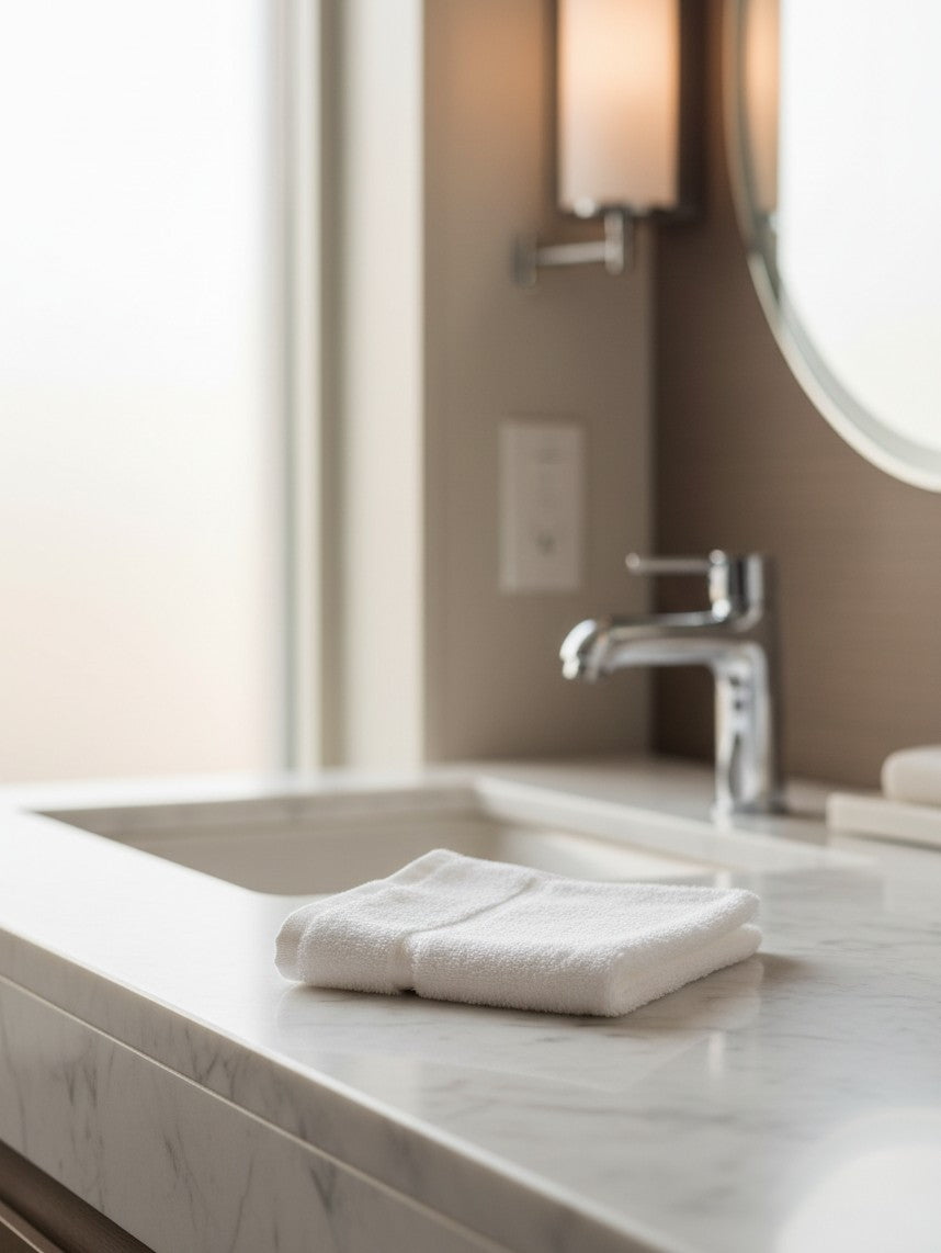 Valiant Products white Sovereign dobby border washcloth folded on a marble bathroom vanity counter.