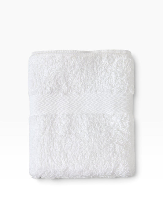 Valiant Products white cotton washcloth with elegant dobby border design and absorbent terry loop surface