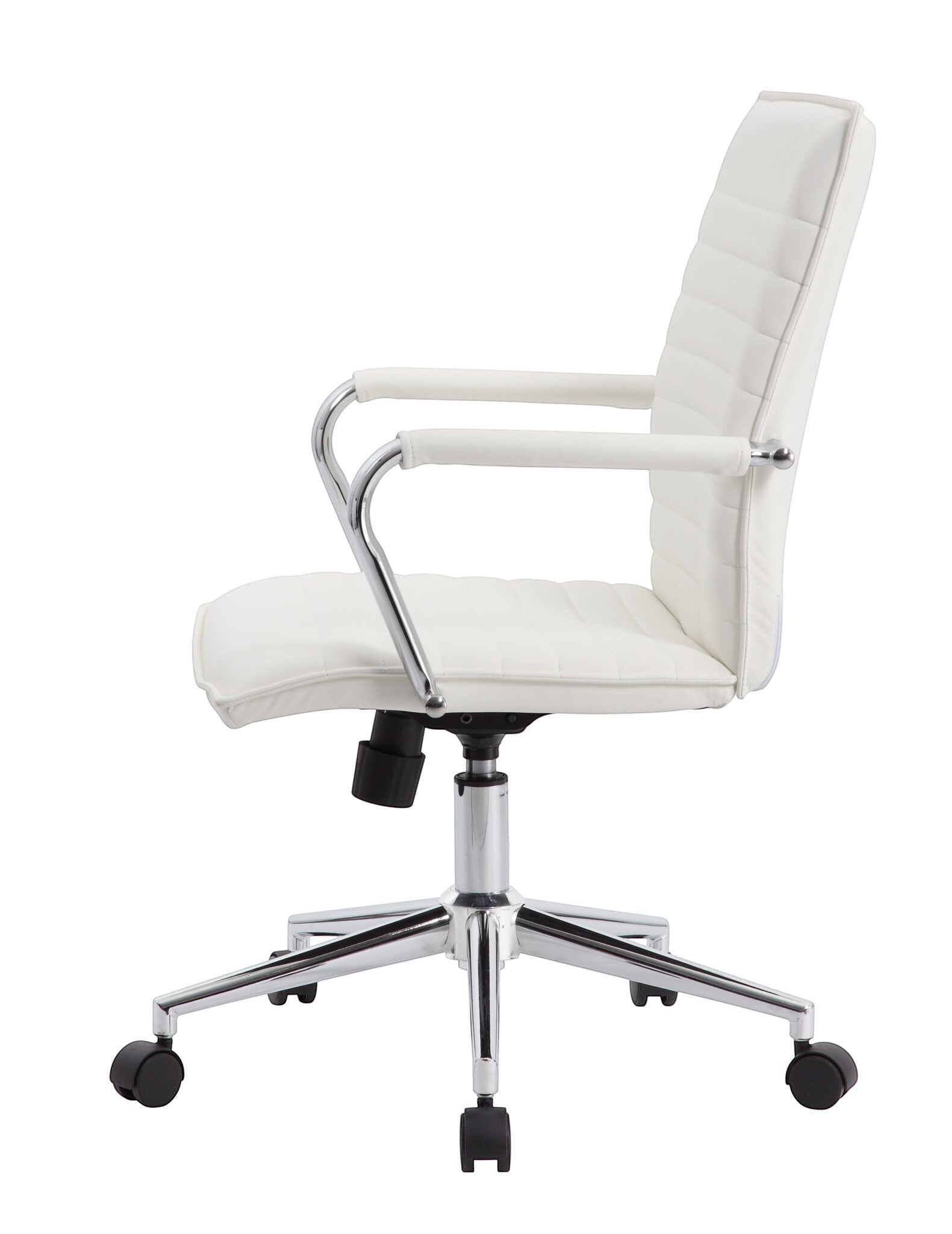 Valiant Products Brantley ergo chair in white PVC vinyl with fixed chrome arms and a chrome base, side view.