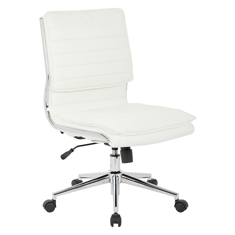 Valiant Products Dione Ergo Chair in white faux leather with a chrome base and armless design for office use.