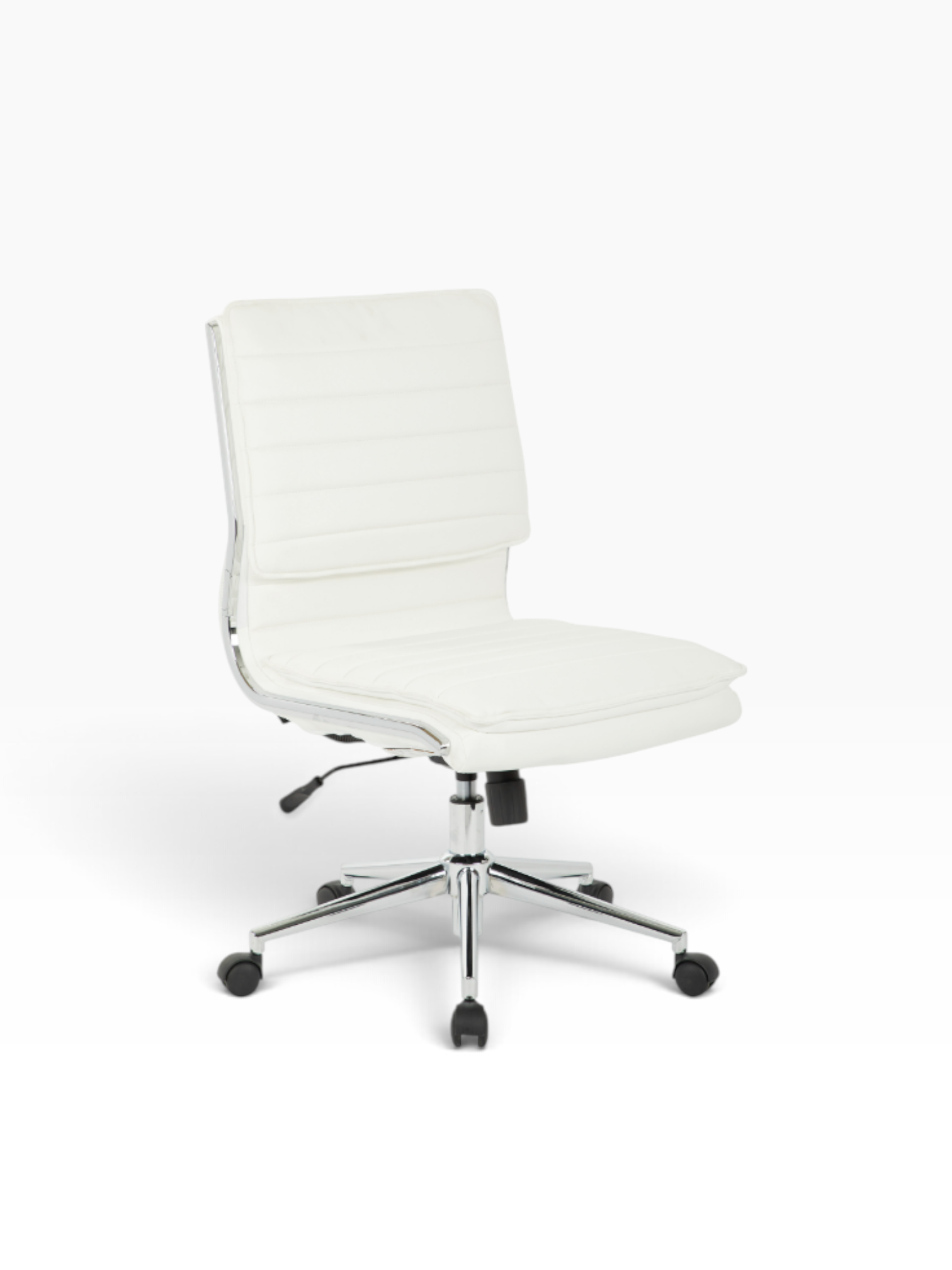 Valiant Products Dione Ergo Chair in white faux leather with a chrome base and armless design for office use.