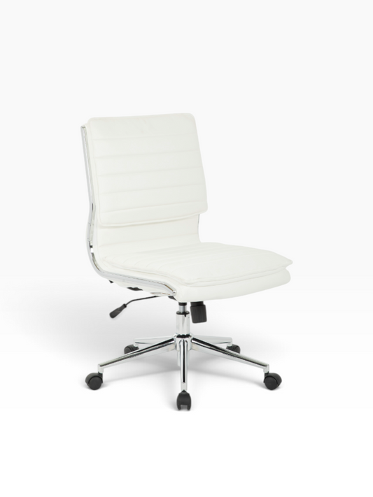 Valiant Products Dione Ergo Chair in white faux leather with a chrome base and armless design for office use.