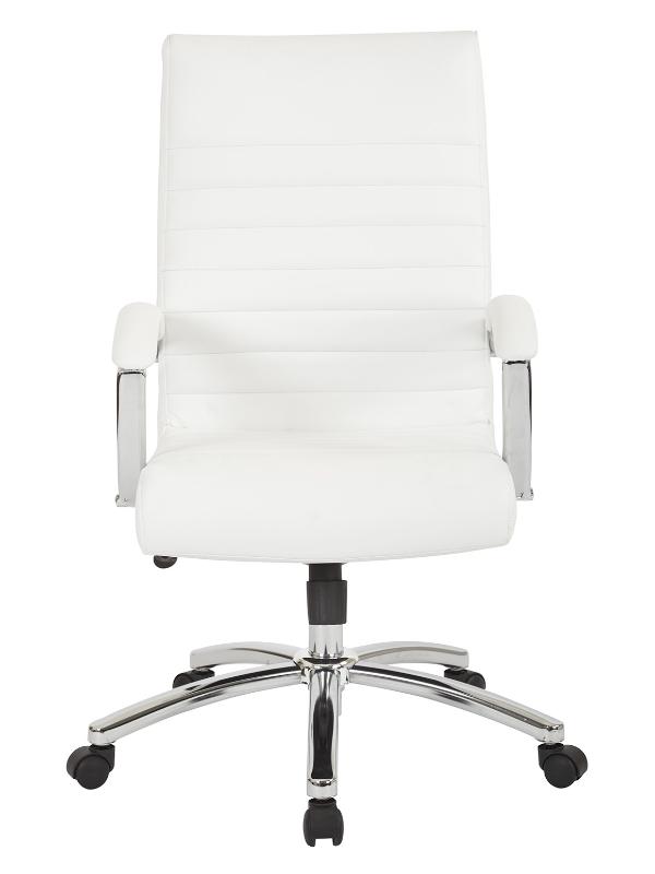 Valiant Products Cussler mid-back ergonomic office chair in white faux leather with polished chrome arms and base.