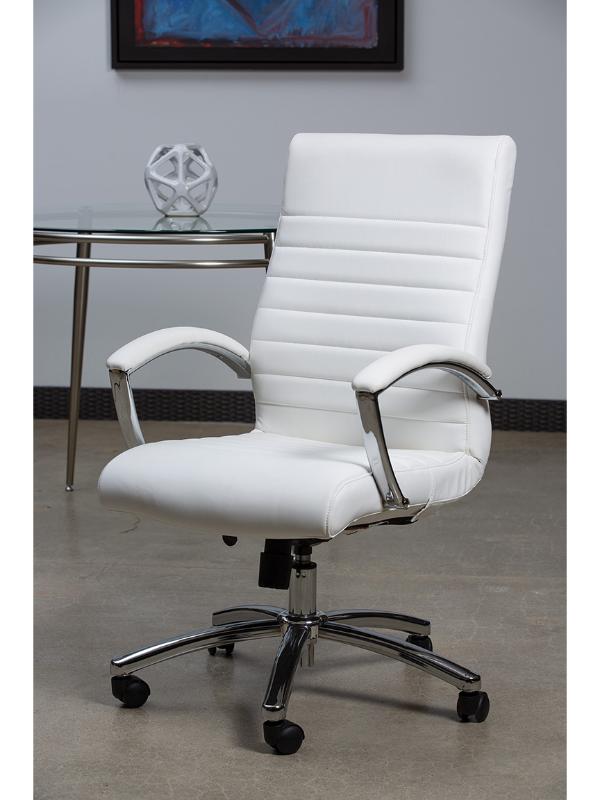 Valiant Products Cussler mid-back office chair in white faux leather with polished chrome arms and 5-star base.